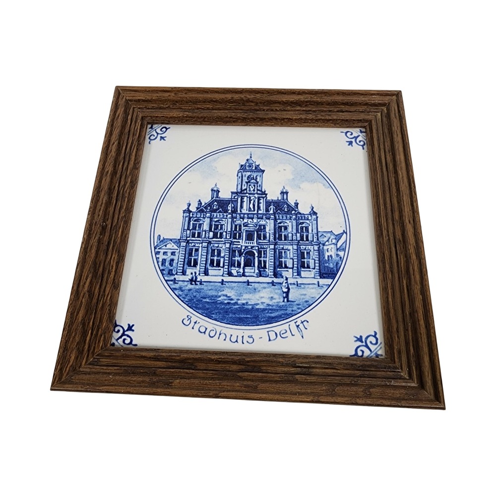Vintage Framed Delft Blue Stadhuis Delft Holland Ceramic Tile Wall‎ Art 7.25in